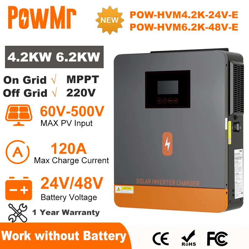 PowMr 6.2KW 4.2KW Hybrid Solar Inverter 24V 48V 220V On Off Grid Inverters Dual Output with MPPT 120A Solar Battery Charger