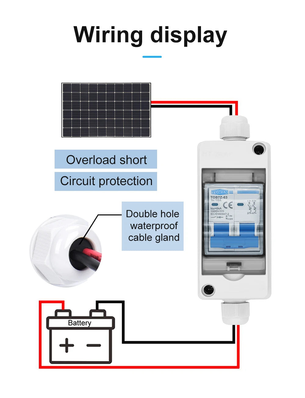 TOMZN Solar Photovoltaic PV Combiner Box with Circuit Breaker HT 2ways 1 in 1 out DC 2P DC 600V 1000V 3-63A Waterproof Box IP65