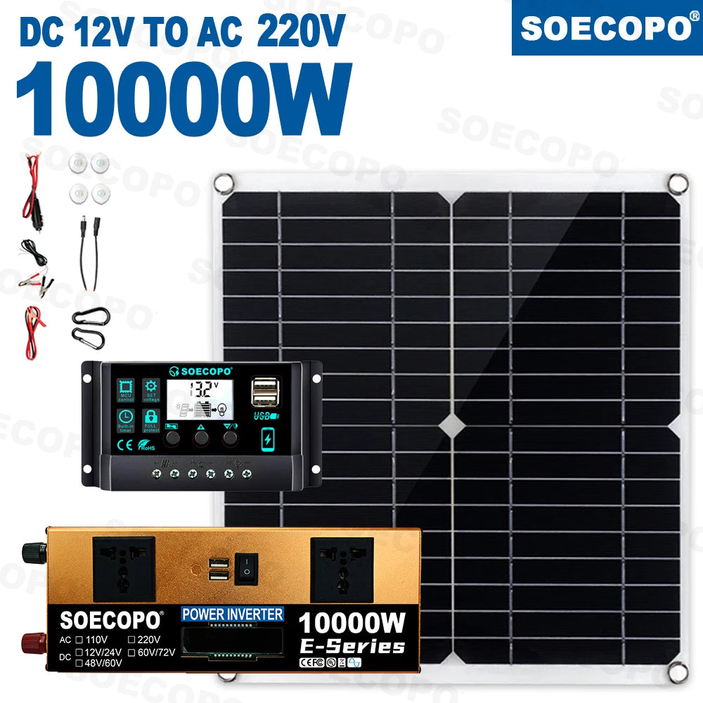 Portable 10000W Peak Solar Kit Complete 12V To 220V 110V Inverter 300W Photovoltaic Panel 100A Controller for Generators Home PRIME RJ SOLAR PH