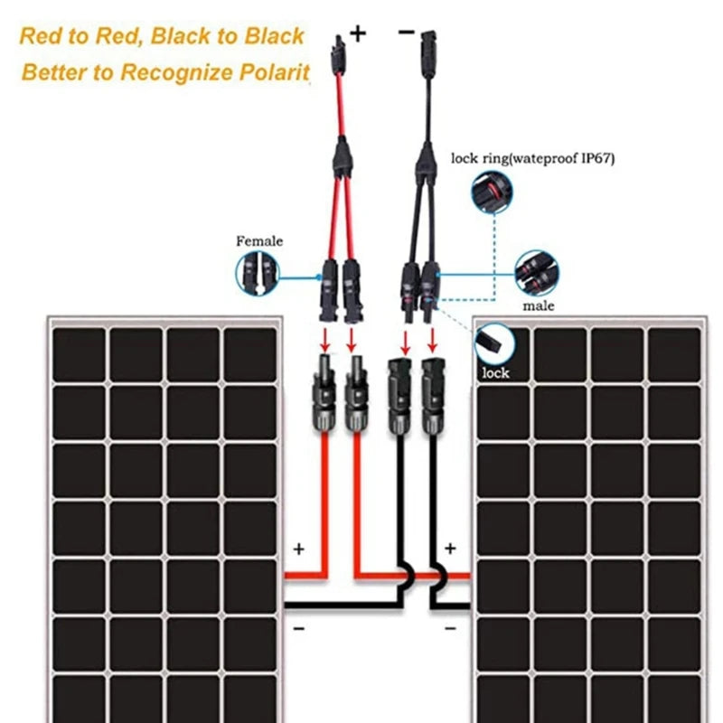 1-Pair 2-to-1 Y Branch Parallel Connection Solar PV Connector 1000V 30A Male Female Cable for Solar Photovoltaic