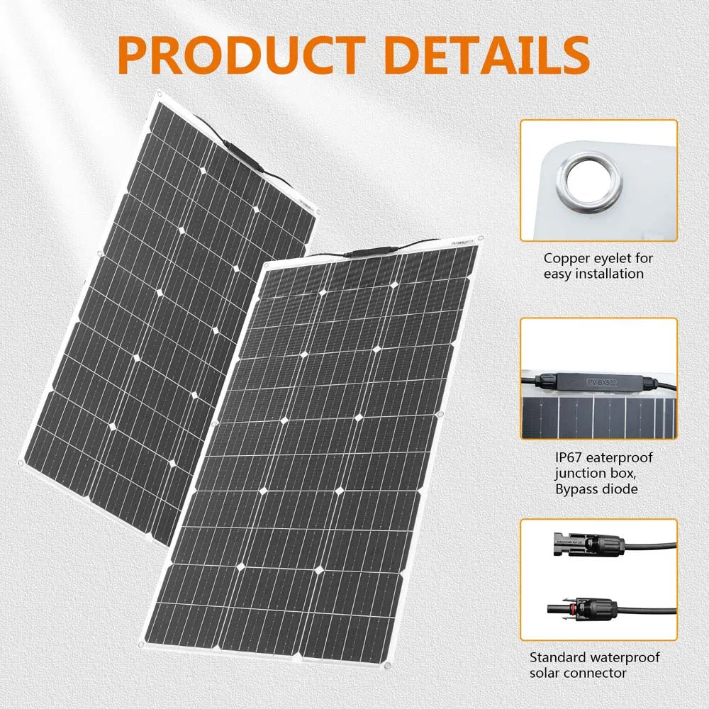 ASUNERGY RGN33-100A 100W 200W 300W 400W Flexible Waterproof Monocrystalline Solar Panel Kit 12V Camping Home Car Off-Grid System CE RoHS