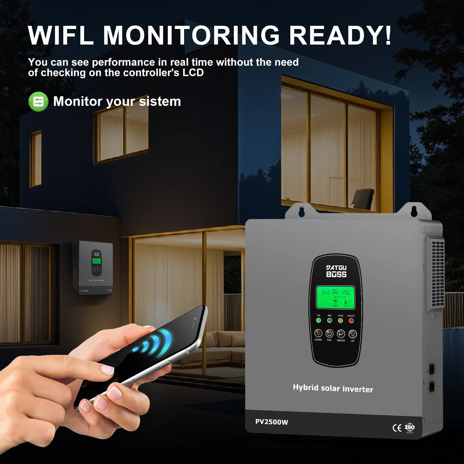 DATOUBOSS Solar Hybrid Inverter 1800W 12V Built in MPPT Charge Controller for Home Use RV Camping Off Grid Power Supply