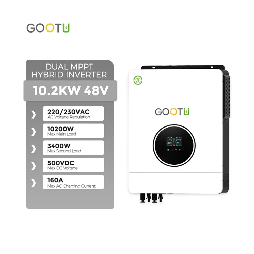 GOOTU 6.2KW/10.2KW Hybrid Solar Inverter Dual Output 24V/48V MPPT 160A Pure Sine Wave On/Off Grid for Home Power Supply