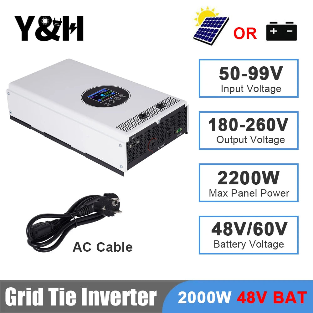Y&H 2000W 1500W Grid Tie Inverter Input 55-99V/24-55V Output AC230V Pure Sine Wave Battery Discharge Mode Optional Limiter/WiFi
