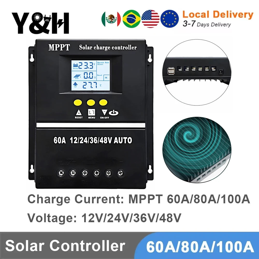 Y&H 60A 80A 100A MPPT Solar Charge Controller 12V 24V 36V 48V Solar Panel Lead Acid Lithium Battery Regulator Dual USB