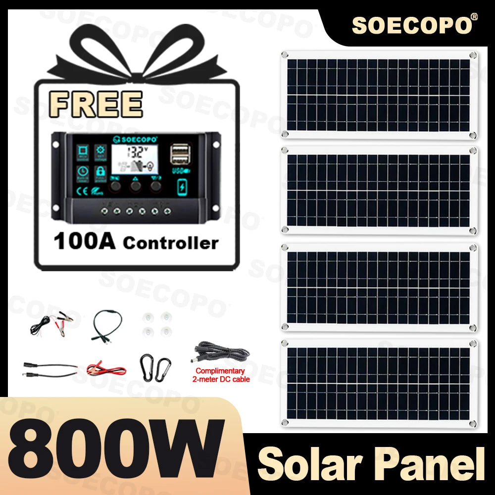 SOECOPO 800W Portable Solar Panel System Kit 4*200W Panels Free 100A Controller USB 5V for Camping Equipment RV Charge Phone