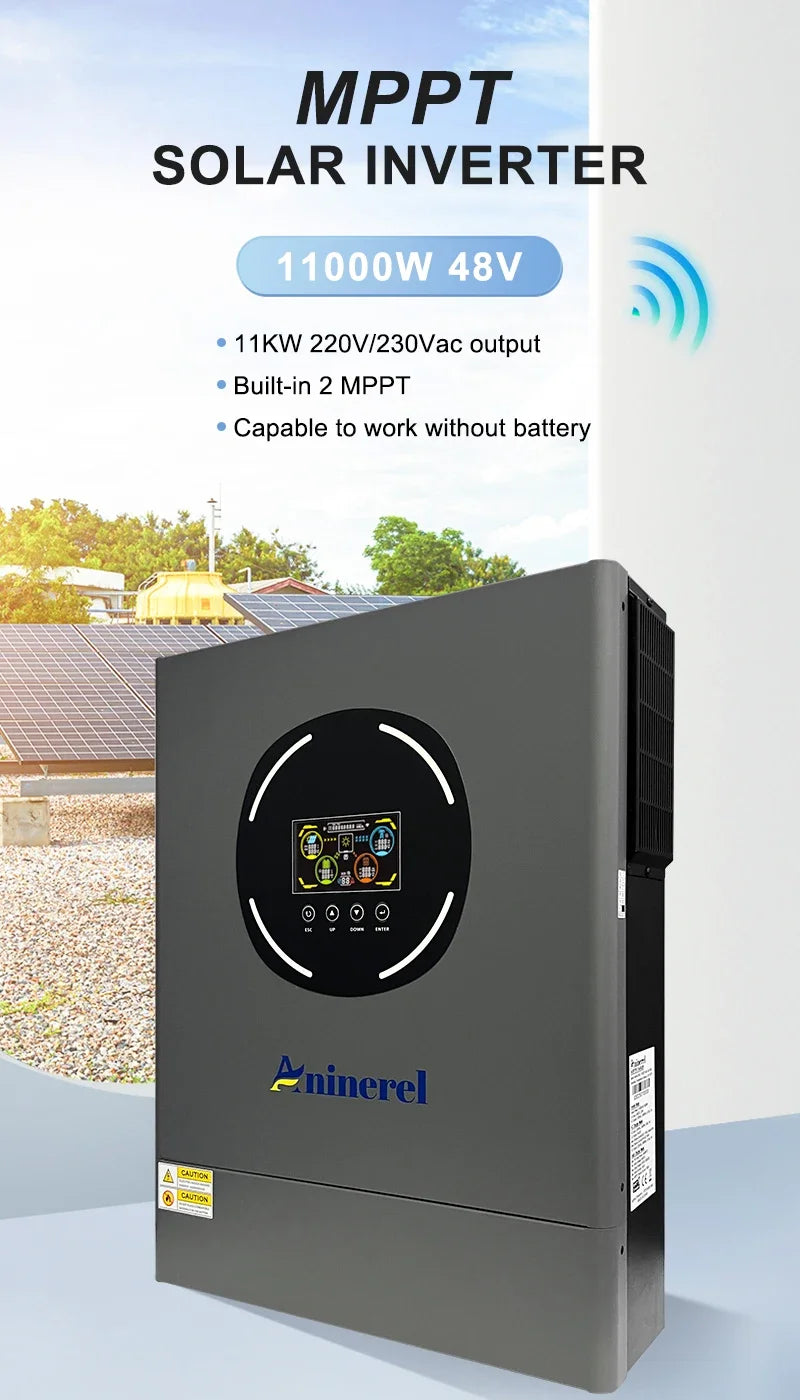 ANINEREL 11kW 6.2kW 48V Hybrid Solar Inverter Dual Output Dual Input Color LCD MPPT 160A 120A PV 500VDC Solar Controller