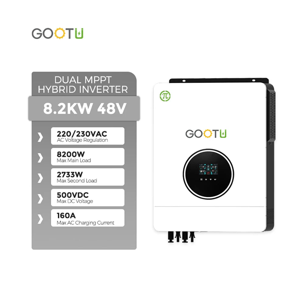 GOOTU 6.2KW/10.2KW Hybrid Solar Inverter Dual Output 24V/48V MPPT 160A Pure Sine Wave On/Off Grid for Home Power Supply