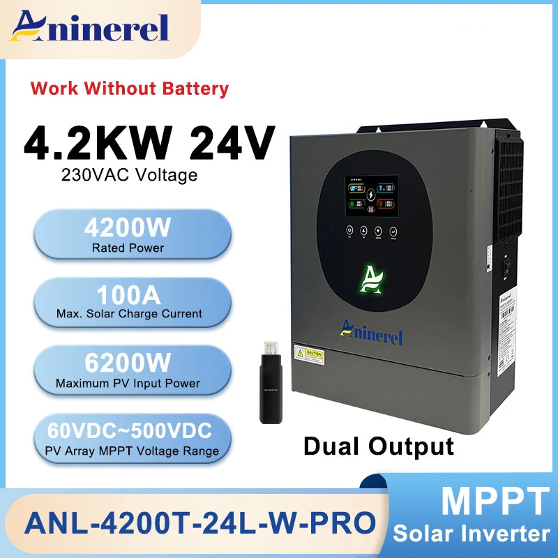 Aninerel 4.2KW Hybrid Solar Inverter 24V Dual Output Color LCD Display Off/On grid Inverter MPPT 100A With WiFi EU Shipping
