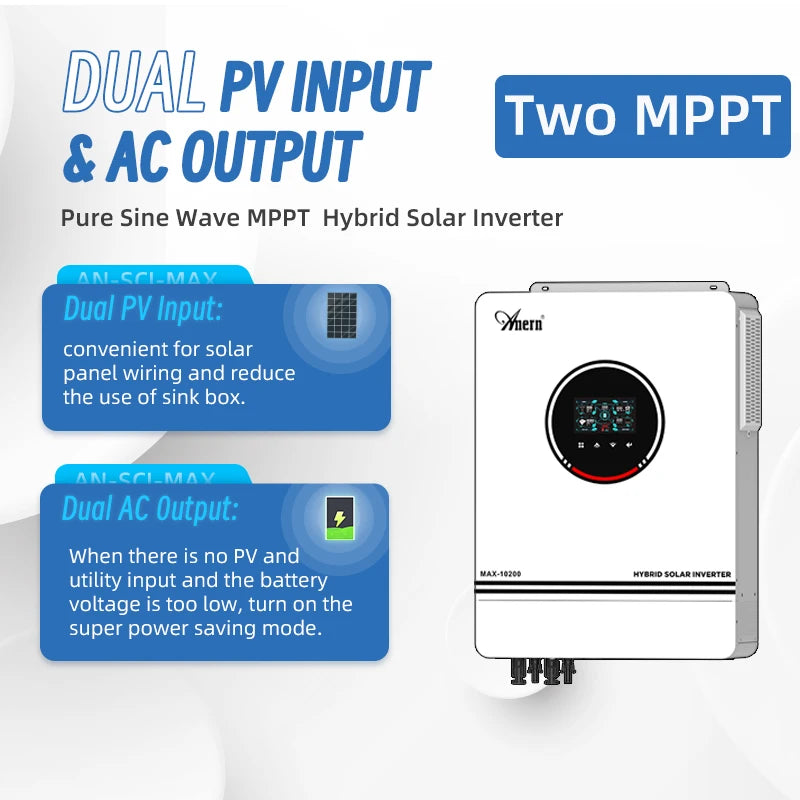 Anern Hybrid Solar Inverter Power 10.2KW 6.2KW 4.2KW 24/48V 220V Off Grid Pure Sine Wave Bult-in 160/140A MPPT Charge Controller
