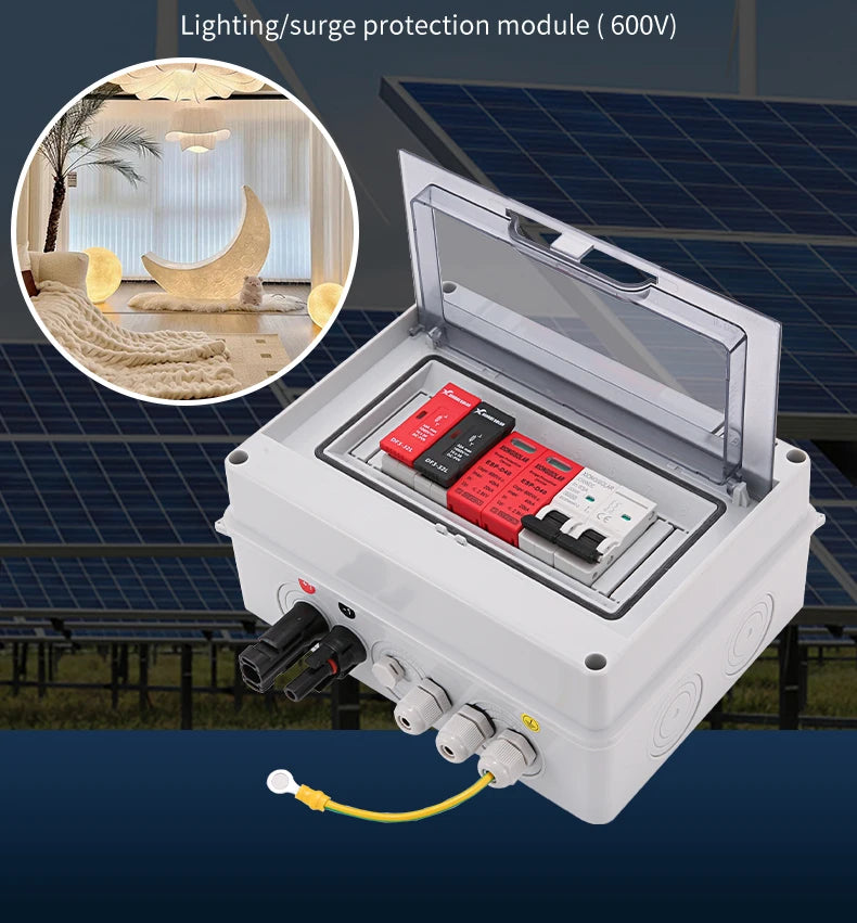 Solar photovoltaic PV Combiner Box With Lightning Protection 1 in 1 out DC 600V Fuse IP65 MCB SPD DB for Solar Panel  Box