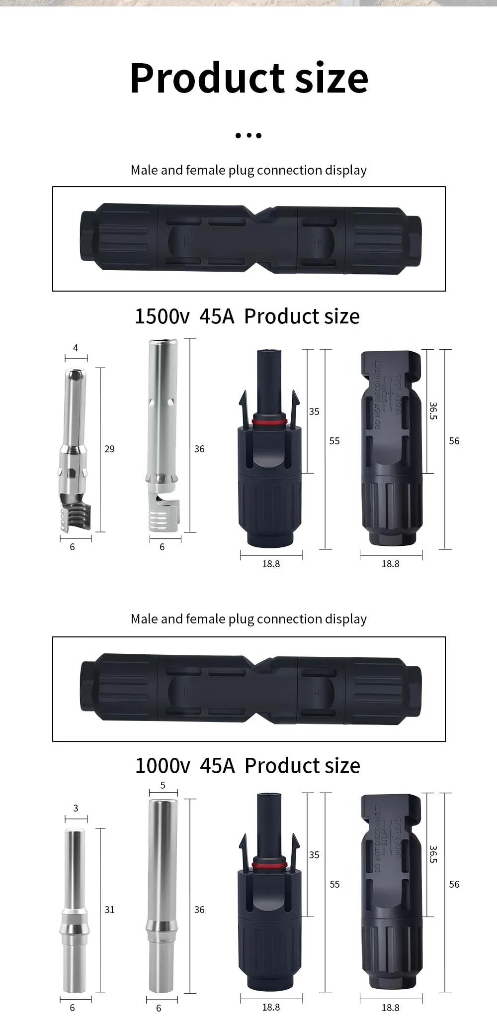 TOMZN 2 sets of PV Solar Connectors 1000V 1500V 32A 45A Panel Branch PV Photovoltaic Wire/Board Terminal Box Inverter IP67 10LOT PRIME RJ SOLAR PH