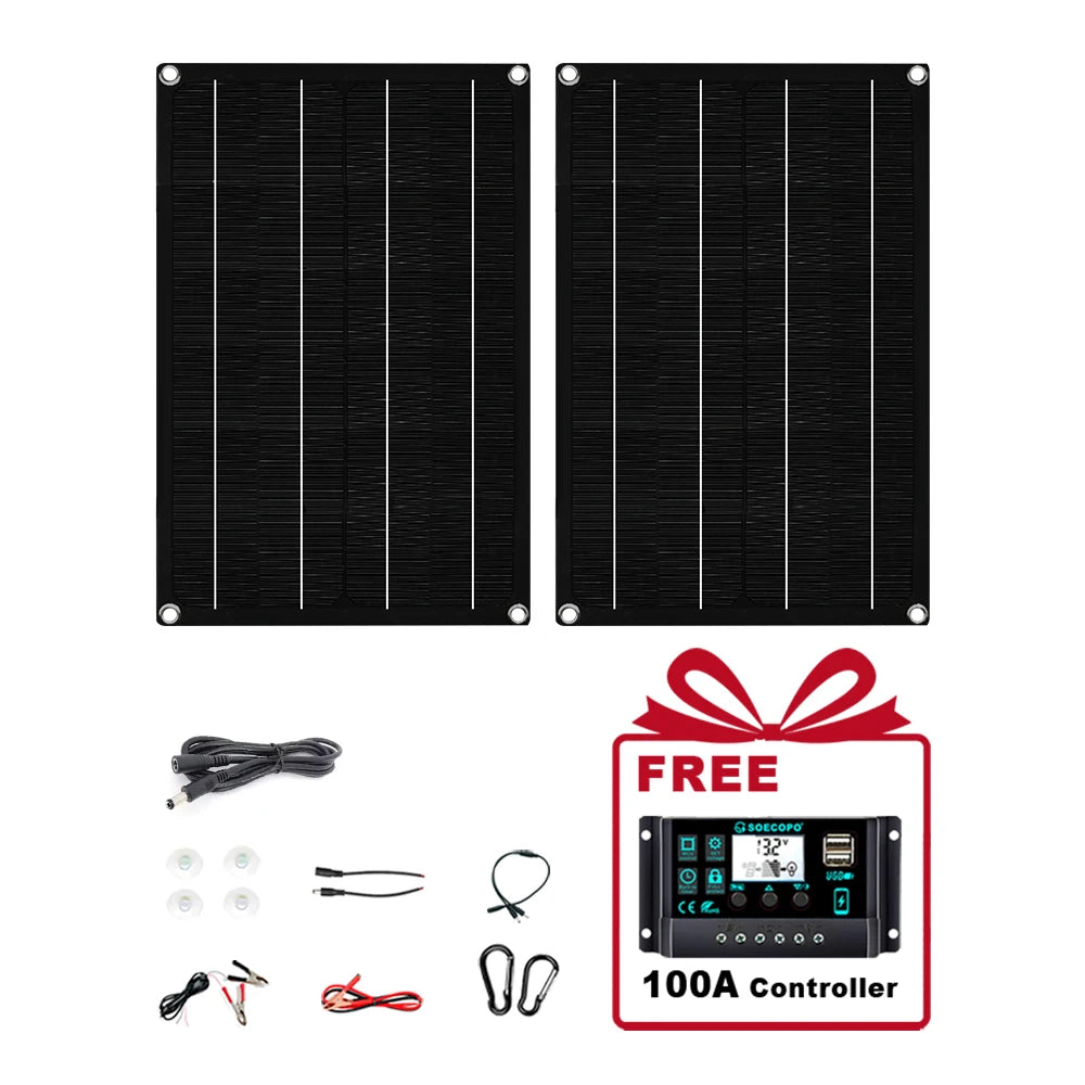 SOECOPO 1200W Solar Panel Set 2 Portable 12V - 18V Photovoltaic Panels Free 100A Controller USB 5V for Camping Devices Charging