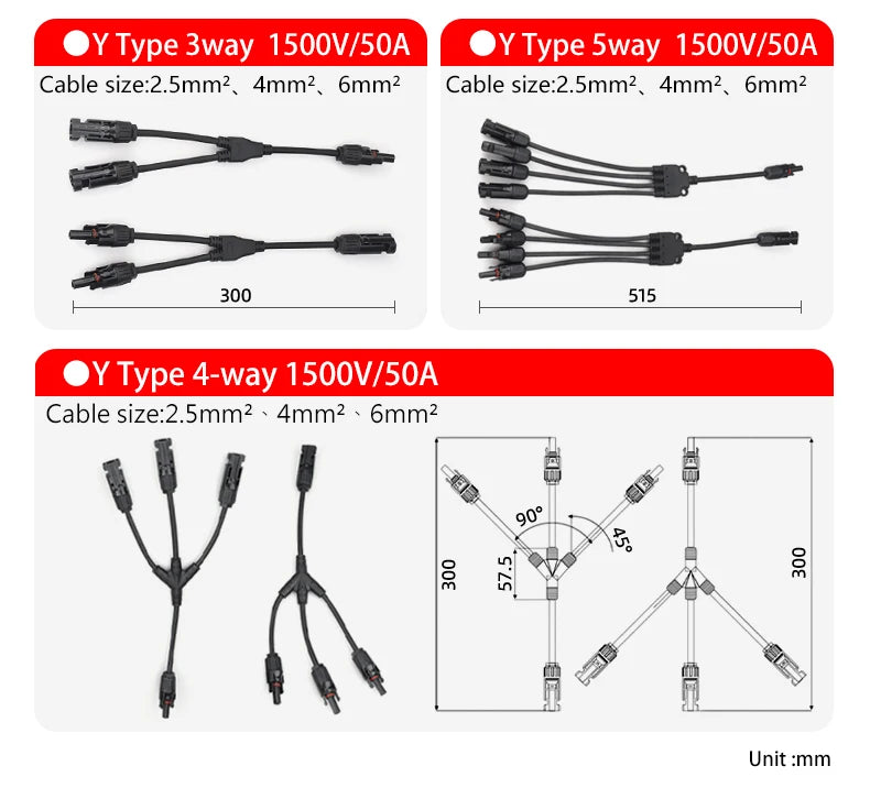 MC4 2Y 3Y 4Y IP68 PV Y Branch Parallel Connector 1000V 30A Male Female Waterproof Solar Panel 2.5-6mm2 Photovoltaic