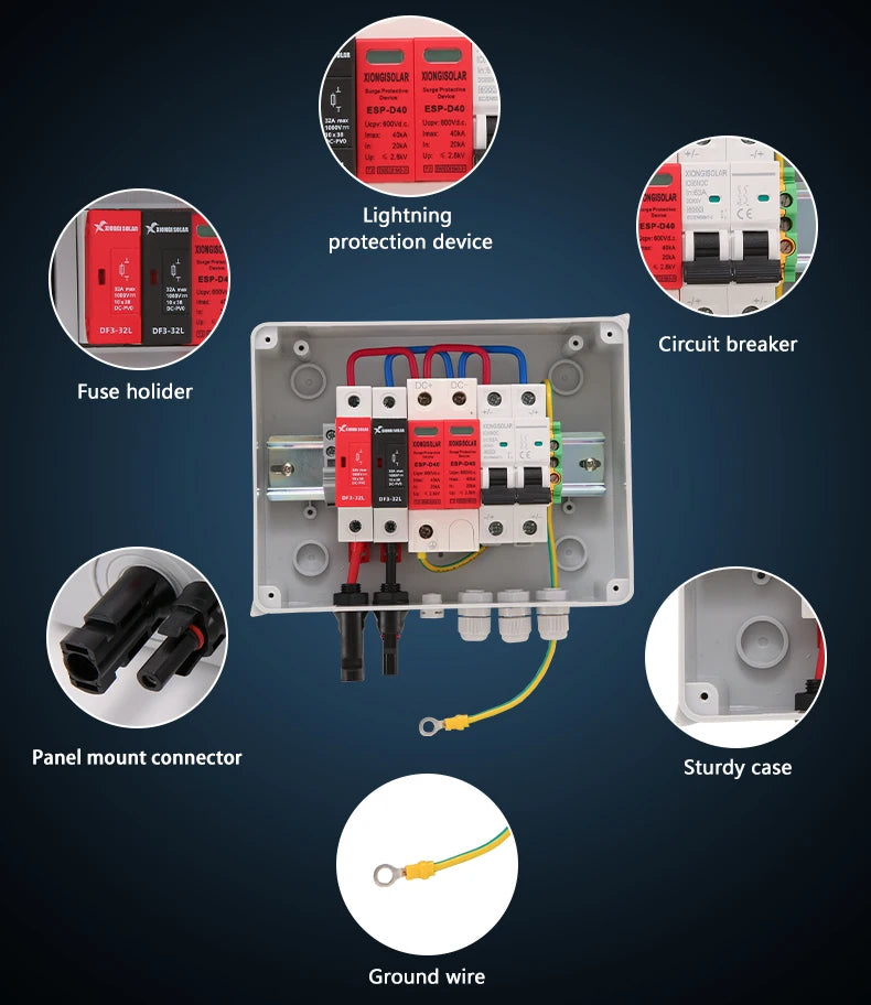 Solar photovoltaic PV Combiner Box With Lightning Protection 1 in 1 out DC 600V Fuse IP65 MCB SPD DB for Solar Panel  Box