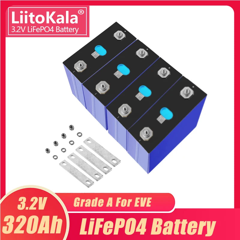 1-32PCS LiitoKala 3.2V 320Ah Lifepo4 Battery 300AH 310Ah Grade A 12V 24V Rechargeable Battery Pack EU US Tax Free With Busbars