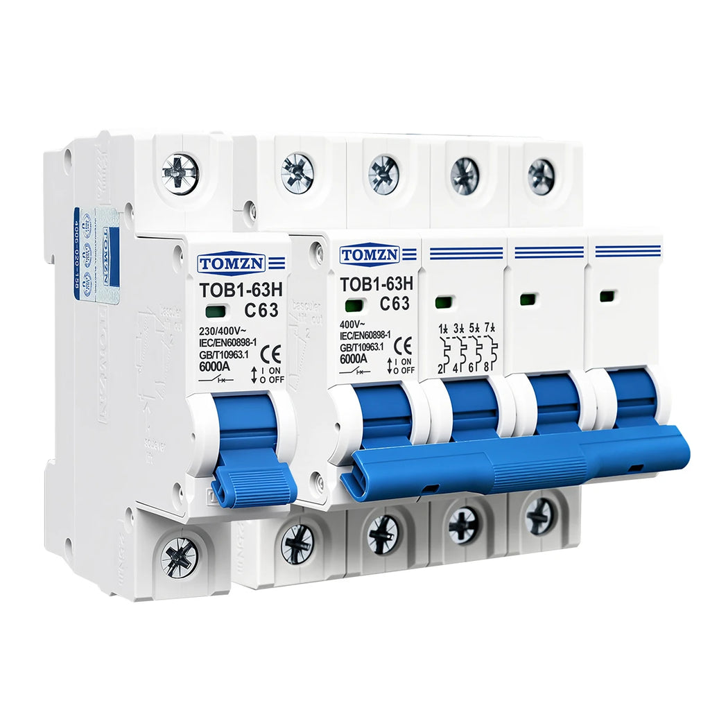 TOMZN TOB1-63H AC MCB Mini Circuit Breaker C Curve 1P 2P 3P 4P 3A 6A 10A 16A 20A 25A 32A 40A 50A 63A 230/400V 50/60Hz CE