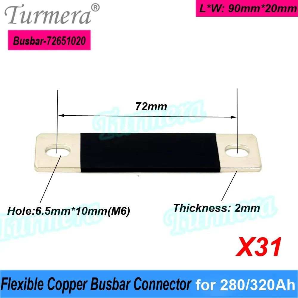 Turmera 12V Busbar Lifepo4 Battery Copper Connecter 50mm 56mm 72mm 80mm 2mm 300A Use in 100Ah 230Ah 280Ah 320Ah Lifepo4 Battery