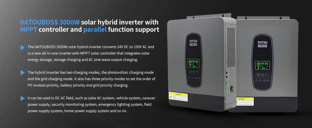 DATOUBOSS Solar Hybrid Inverter 3000W 24v to 220v Pure Sine Converter LCD Display Remote Control MPPT 55-450V DC 50/60Hz Inverte