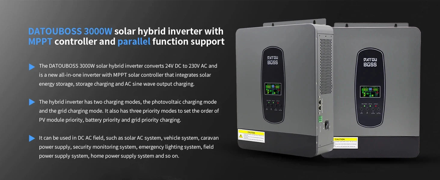 DATOUBOSS Solar Hybrid Inverter 3000W 24v to 220v Pure Sine Converter LCD Display Remote Control MPPT 55-450V DC 50/60Hz Inverte
