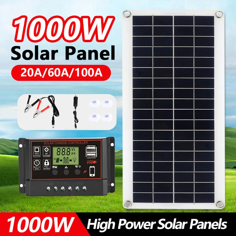 LUXUGLOW 20W-1000W Solar Panel 12V 100A Controller Phone RV Car MP3 PAD Outdoor Battery Camping Charger