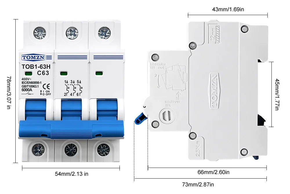 TOMZN TOB1-63H AC MCB Mini Circuit Breaker C Curve 1P 2P 3P 4P 3A 6A 10A 16A 20A 25A 32A 40A 50A 63A 230/400V 50/60Hz CE