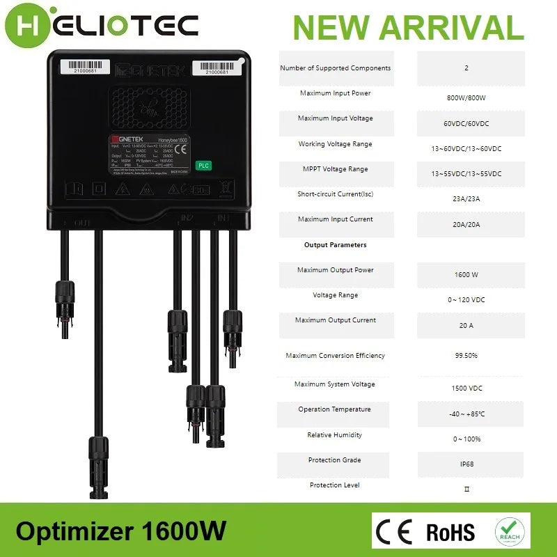HELIOTEC 850/1600W PV Power Optimizer MPPT 12V-75V Input  Solar Panel Monitoring Voltage-Limiting Anti-Hotspot