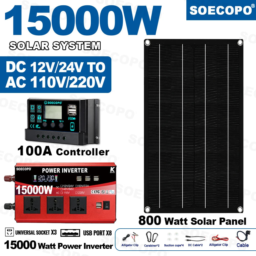 10000W Solar System Complete Kit Dual12V/24V To 110V/220V100A Controller 800W Panel Off-Grid Inverter for Home/Camping Backup