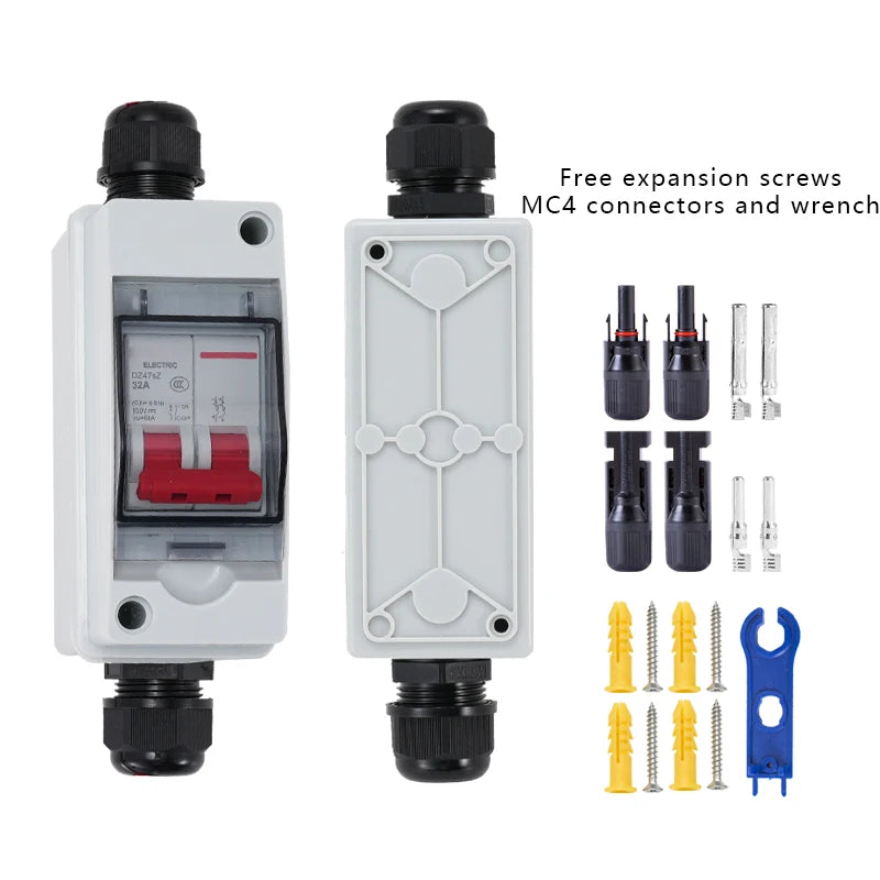 Outdoor IP65 Waterproof Solar PV DC Combiner Box with DC Circuit Breaker, DC500V 32A Load Isolating Switch