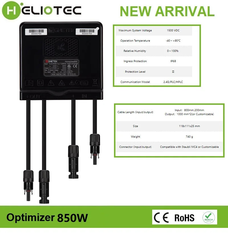 HELIOTEC 850/1600W PV Power Optimizer MPPT 12V-75V Input  Solar Panel Monitoring Voltage-Limiting Anti-Hotspot