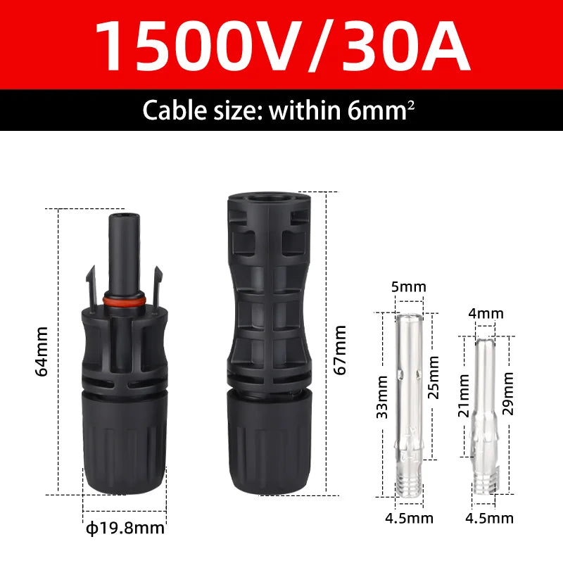 Solar Connectors Waterproof IP68 Solar Panel 1500V 30A/50A PV Plug Cable Male Female Photovoltaic Systems 2.5/4/6mm2 Cable Plug