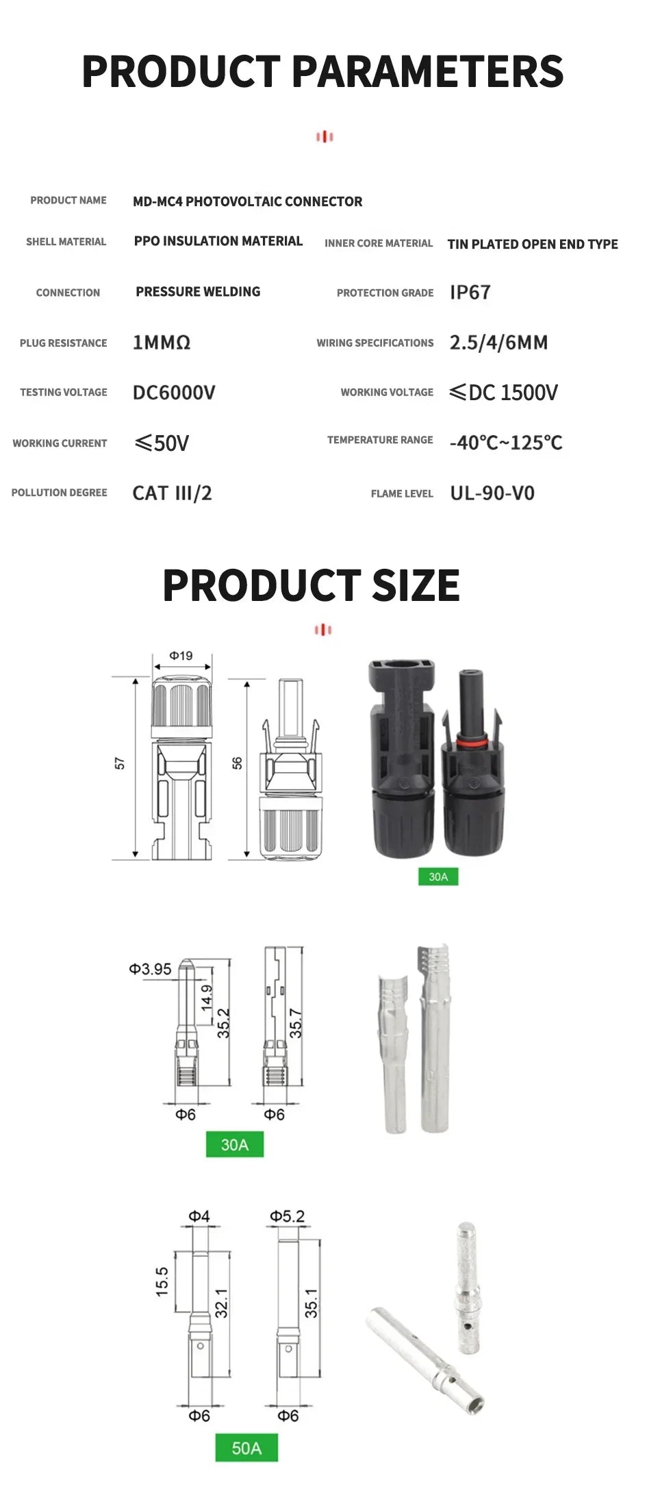 Photovoltaic Solar Connector Kit 1000V 30A 10 20 40 100 200 400 Pcs PV MC Cable 2.5mm2 4mm2 6mm2 Panel Connectors