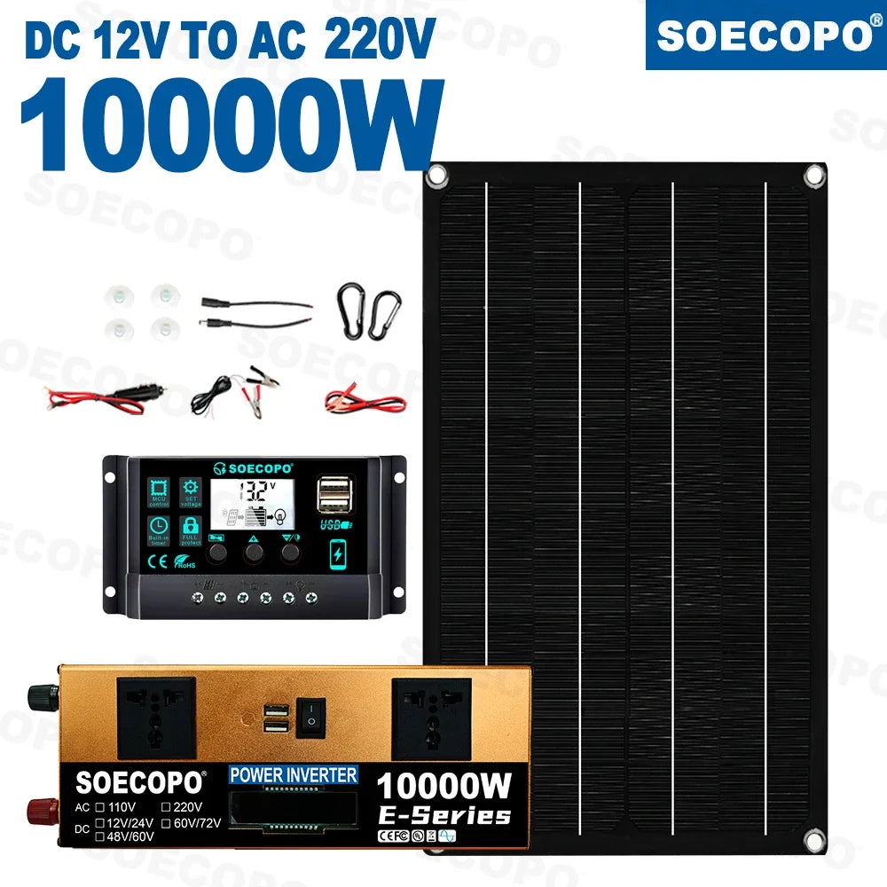 10000W Solar System Complete Kit Dual12V/24V To 110V/220V100A Controller 800W Panel Off-Grid Inverter for Home/Camping Backup