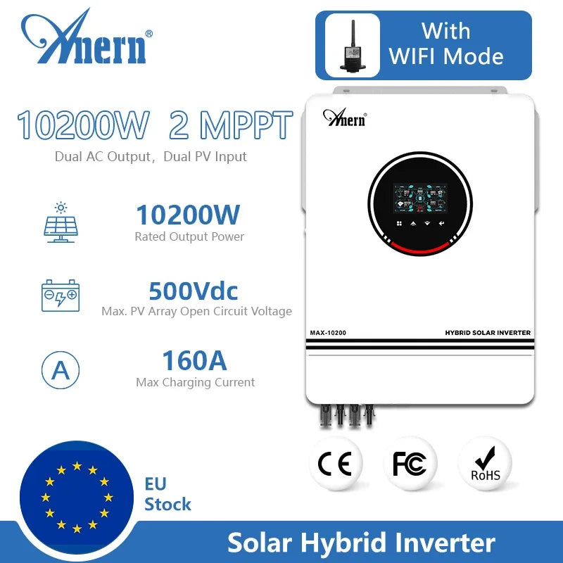 ANERN 10.2KW 8200W 10200W Off Grid Dual MPPT Solar Inverter Hybrid 160A 230V Pure Sine Wave DC 48V for Battery Charger