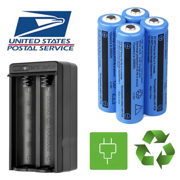 4 PCS 3000mAh 18650 Rechargeable Cylindrical Lithium Ion Batteries 1PCS Double Charger Set for Flashlights and Headlamps