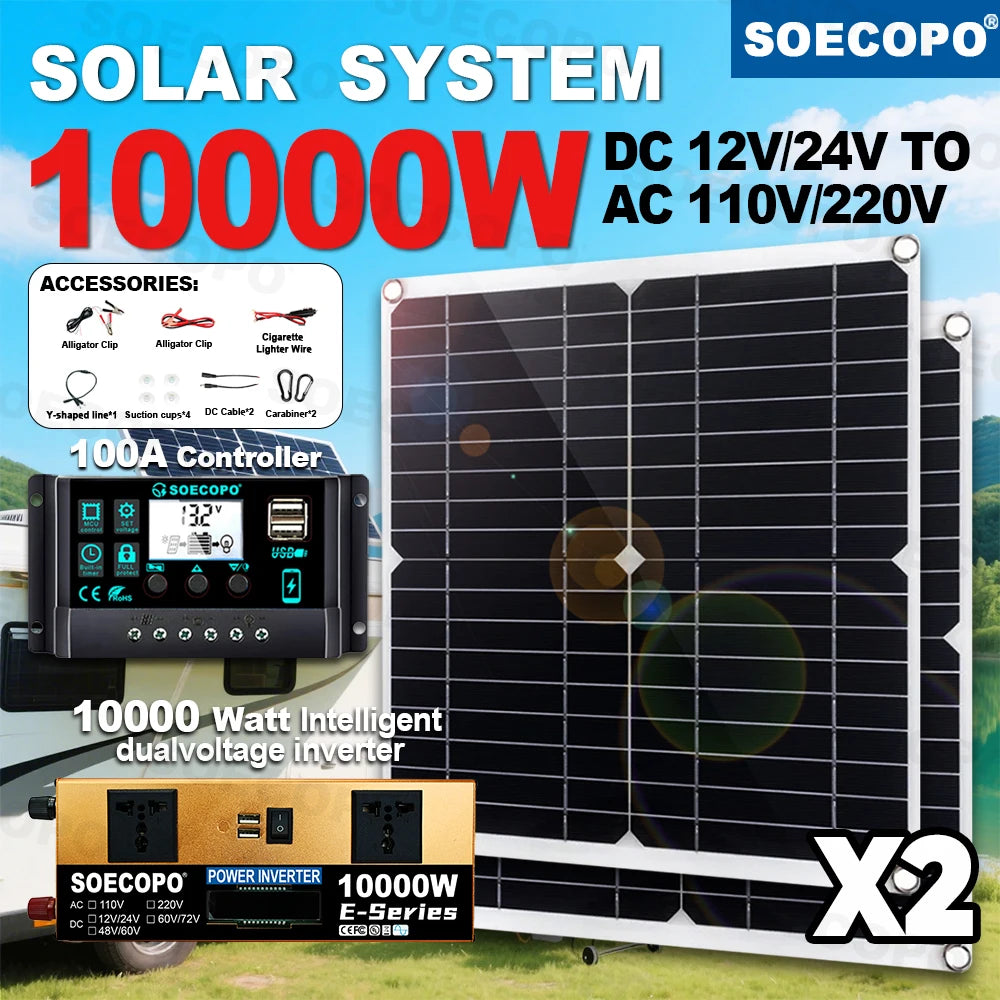 10000W Solar System Complete Kit Dual12V/24V To 110V/220V100A Controller 800W Panel Off-Grid Inverter for Home/Camping Backup