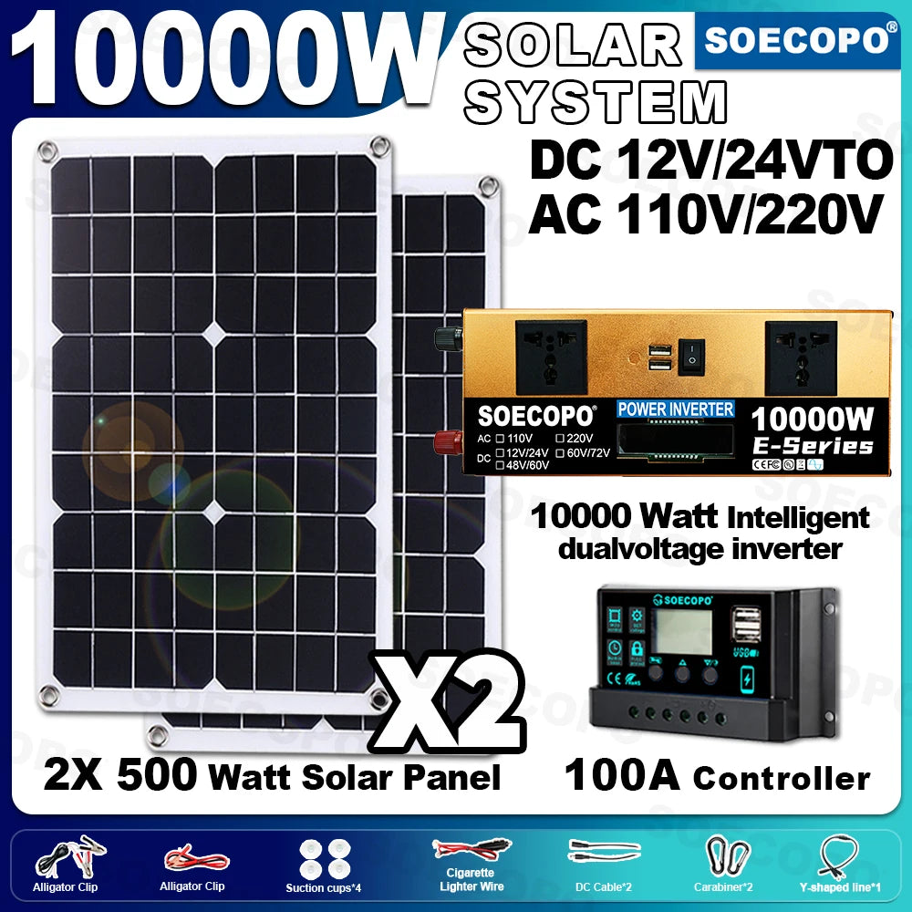 10000W Solar System Complete Kit Dual12V/24V To 110V/220V100A Controller 800W Panel Off-Grid Inverter for Home/Camping Backup