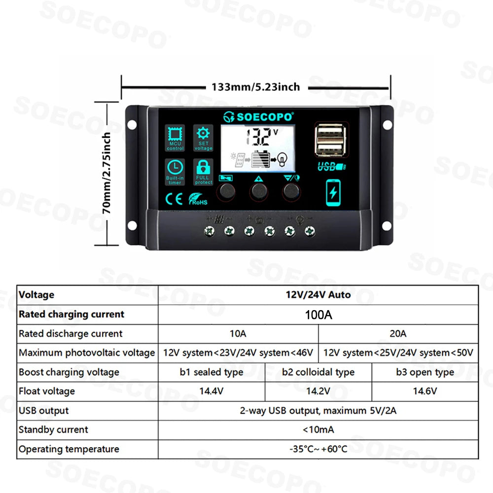 SOECOPO 1200W Solar Panel Set 2 Portable 12V - 18V Photovoltaic Panels Free 100A Controller USB 5V for Camping Devices Charging