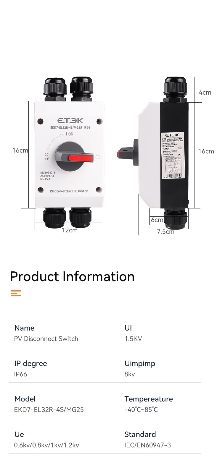 Photovoltaic Solar DC Isolation Switch Outdoor PV Solar Switch 4P 1000V 32A UKPM  Rotating Handle IP66 Waterproof EKD7 PRIME RJ SOLAR PH