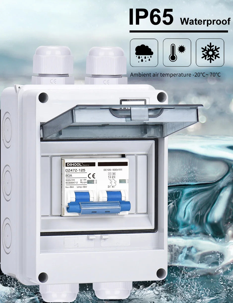 PV DC 12V 24V 500V Circuit Breaker Solar Battery Inverters 2P MCB 16A 40A 63A 100A 125A With IP65 Waterproof Box Case Enclosure PRIME RJ SOLAR PH