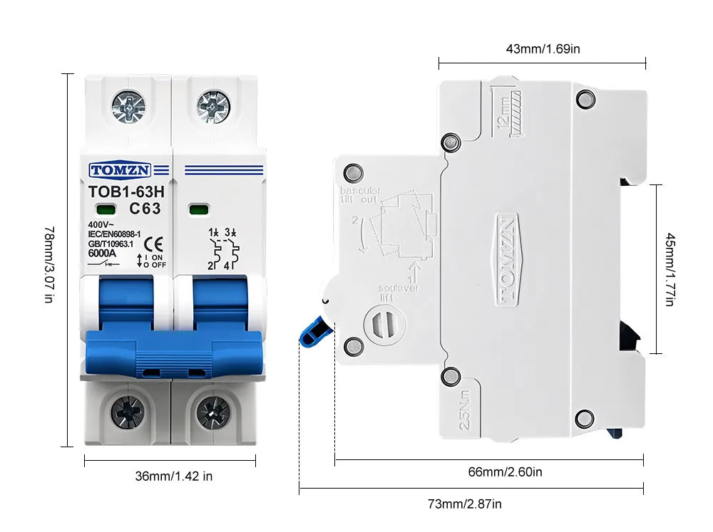 TOMZN TOB1-63H AC MCB Mini Circuit Breaker C Curve 230V 400V 1P 2P 3P 4P 3A 6A 10A 16A 20A 25A 32A 40A 50A 63A 50Hz 60Hz CE