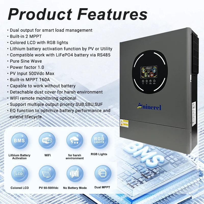 ANINEREL 11kW 6.2kW 48V Hybrid Solar Inverter Dual Output Dual Input Color LCD MPPT 160A 120A PV 500VDC Solar Controller
