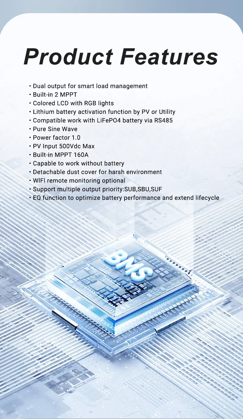 ANINEREL 11kW 6.2kW 48V Hybrid Solar Inverter Dual Output Dual Input Color LCD MPPT 160A 120A PV 500VDC Solar Controller