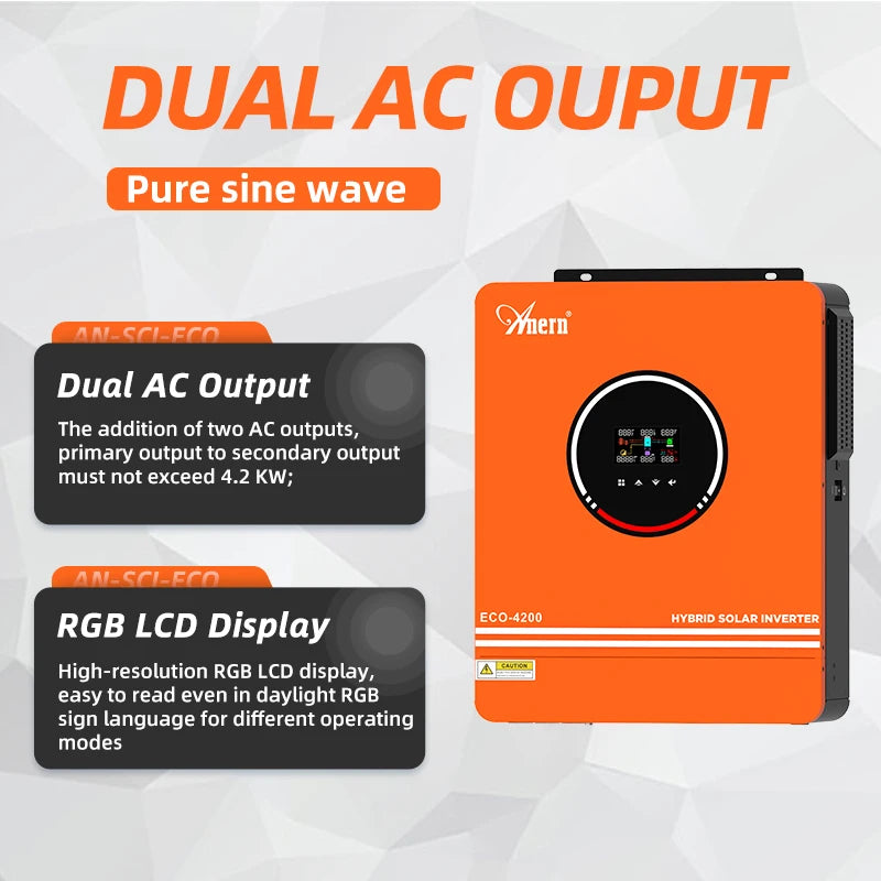 Anern Hybrid Solar Inverter Power 10.2KW 6.2KW 4.2KW 24/48V 220V Off Grid Pure Sine Wave Bult-in 160/140A MPPT Charge Controller