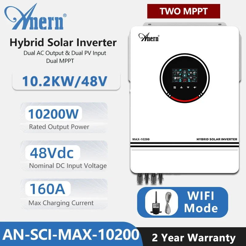 ANERN 10.2KW 8200W 10200W Off Grid Dual MPPT Solar Inverter Hybrid 160A 230V Pure Sine Wave DC 48V for Battery Charger