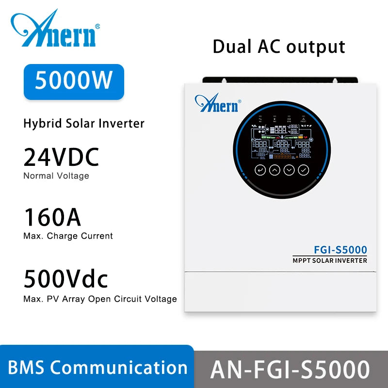 Anern 5KW 6.5KW Hybrid Inverter 24V 48V Dual AC Output MPPT 160A 120A Solar Inverters Max PV 500Vdc For Lithium and Lead-acid
