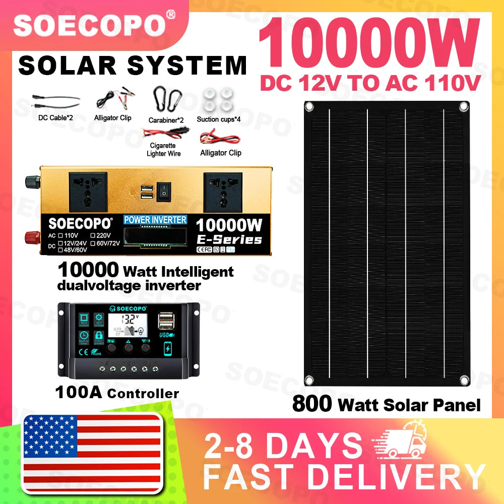 10000W Solar System Complete Kit Dual12V/24V To 110V/220V100A Controller 800W Panel Off-Grid Inverter for Home/Camping Backup