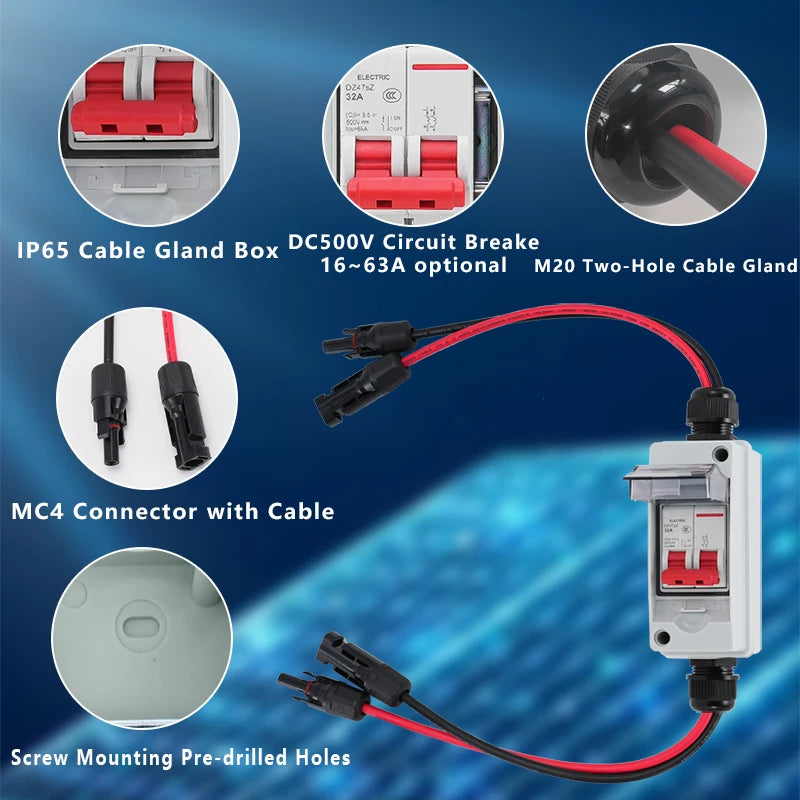 Outdoor IP65 Waterproof Solar PV DC Combiner Box with DC Circuit Breaker, DC500V 32A Load Isolating Switch