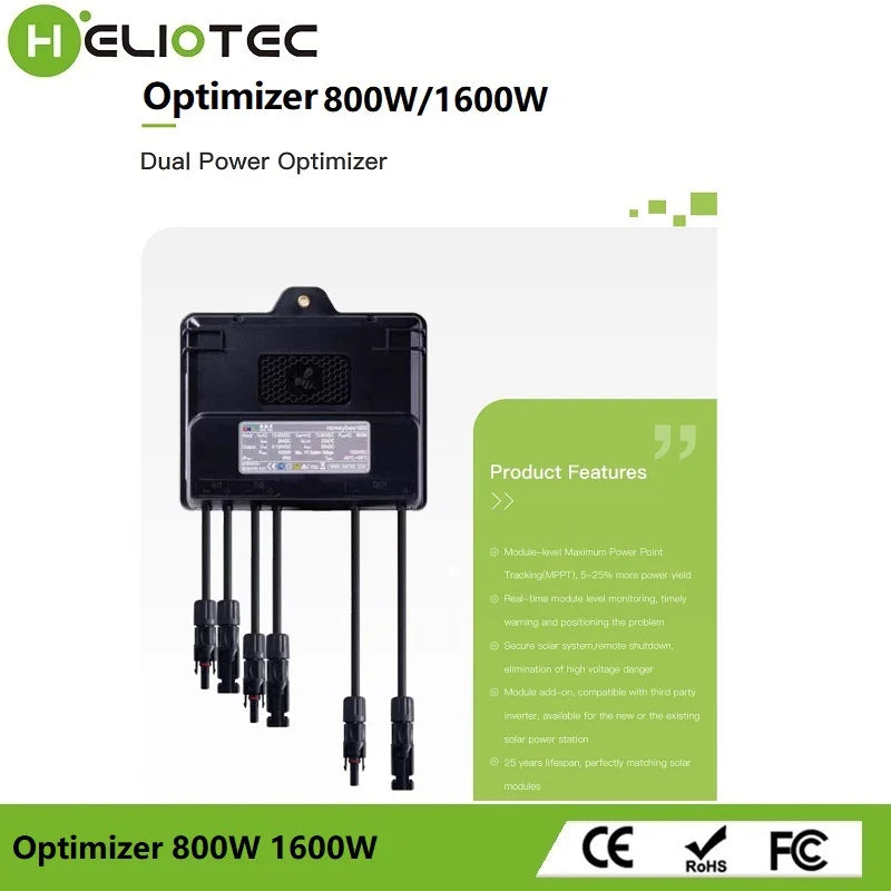 Heliotec 650/850/1600W PV Power Optimizer MPPT 12V-75V Input Ip68 Real-time Solar Panel Monitoring Voltage-Limiting Anti-Hotspot