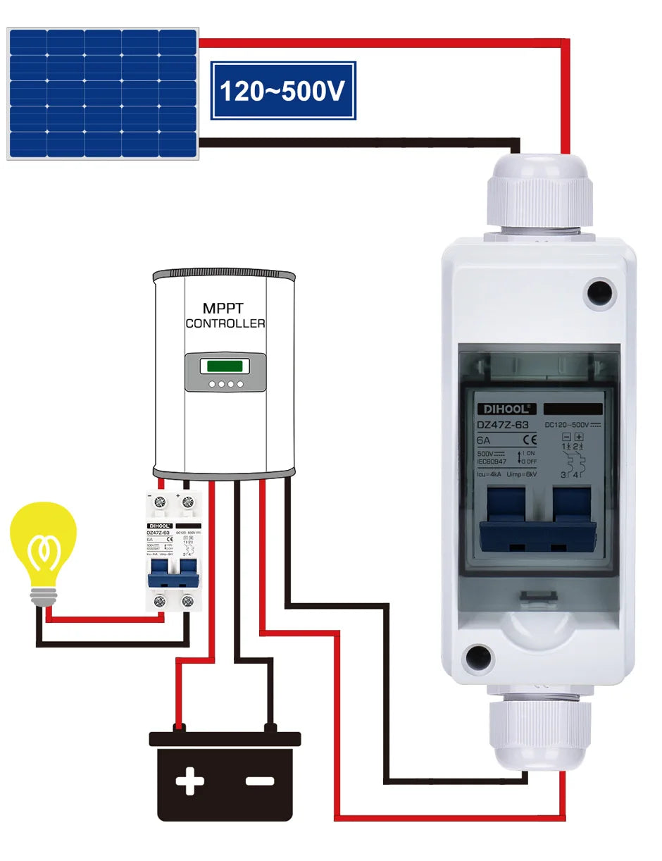 PV DC 12V 24V 500V Circuit Breaker Solar Battery Inverters 2P MCB 16A 40A 63A 100A 125A With IP65 Waterproof Box Case Enclosure PRIME RJ SOLAR PH